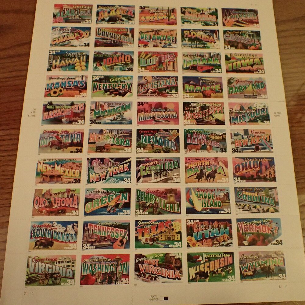 America Greetings 50 states sheet stamps intact